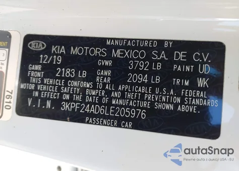 2020 Kia Forte Lxs from USA, damaged, VIN 3KPF24AD6LE205976